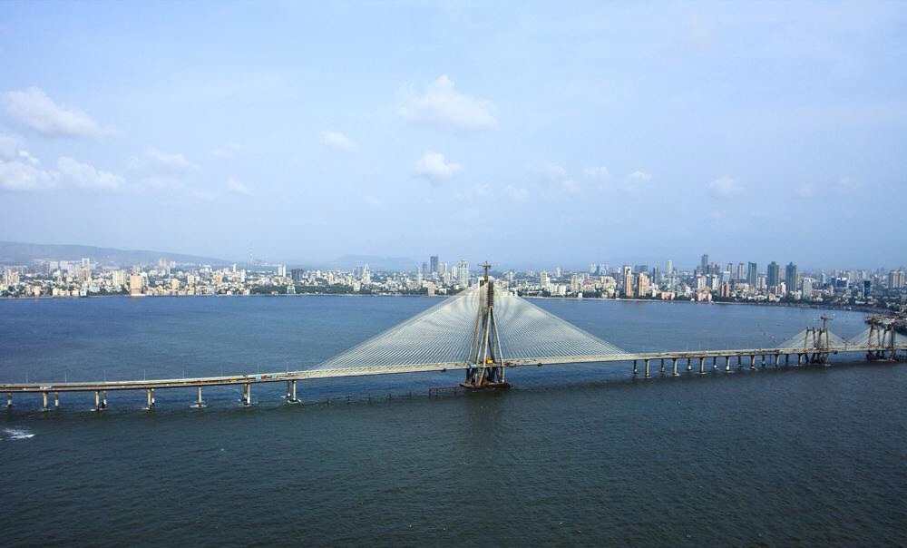 Rajiv Gandhi Sea Link and the skyline of Mumbai India