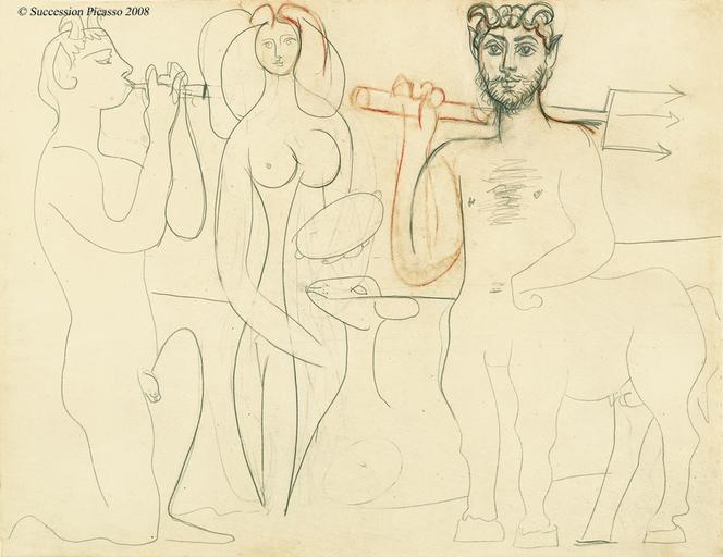 Antibes : Faune Agenouille jouant de la diaule, Nymphe debout au Tambourin by Pablo Picasso (1946)