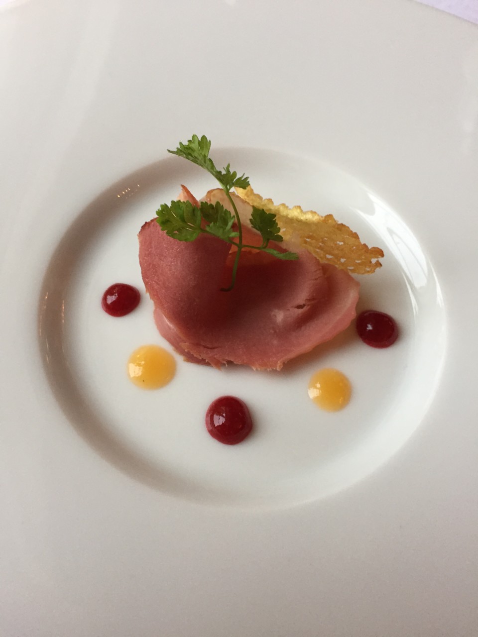 Piano Nobile at Villa Richter : Amuse-bouche of smoked breast of Duck, Cranberry and Apricot sauce, Potato Chip