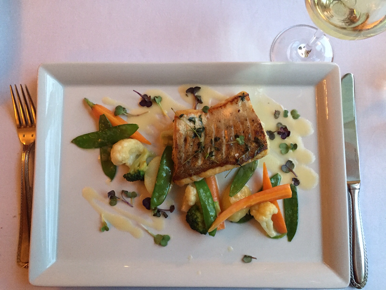 Piano Nobile at Villa Richter : European Pike Perch ("Zander") Filet, seasonal vegetables and buttery white wine sauce