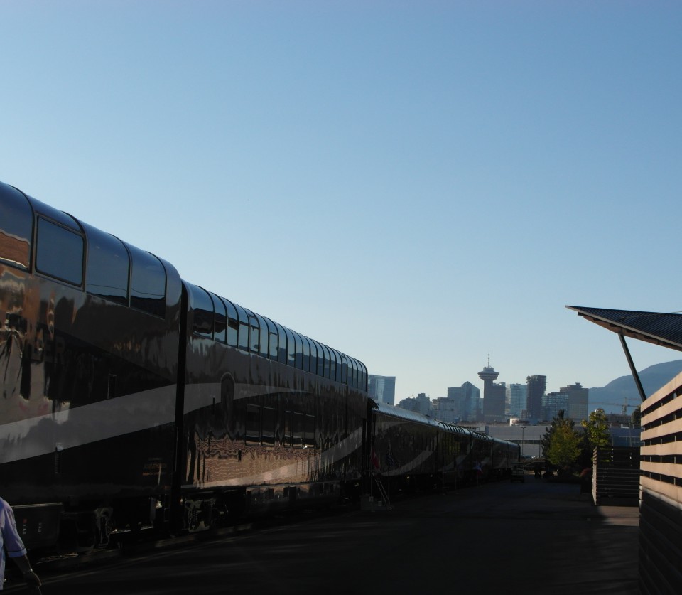 Rocky Mountaineer train pulling into its home station of Vancouver in British Columbia Canada
