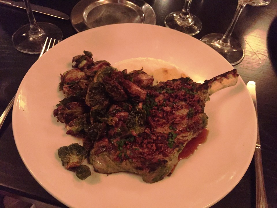 Pennsylvania 6 DC : Berkshire Pork Chop with sweet potato, candied pecans, fried brussels sprouts, bourbon lacquer