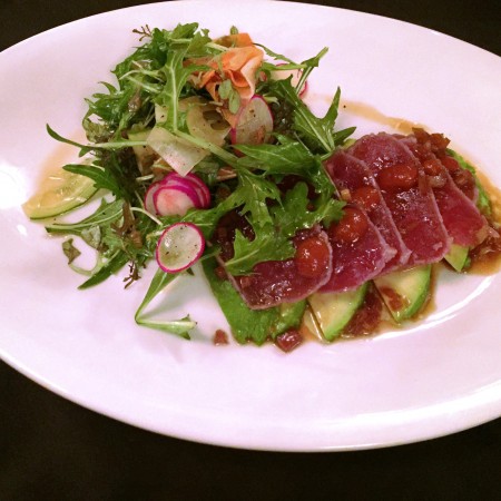 Pennsylvania 6 DC : Seared Tuna Sashimi with pickled vegetables, red mustard greens, radish, cilantro, sriracha, sweet onion sauce