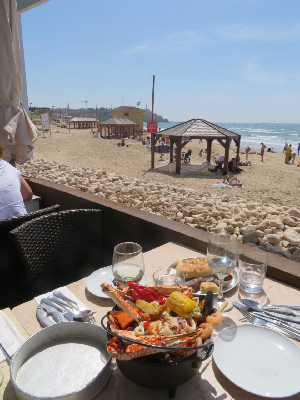 Amazing Israel ! Mixed Seafood and Israeli Chardonnay at Manta Ray Restaurant on the beach of Tel Aviv Israel !