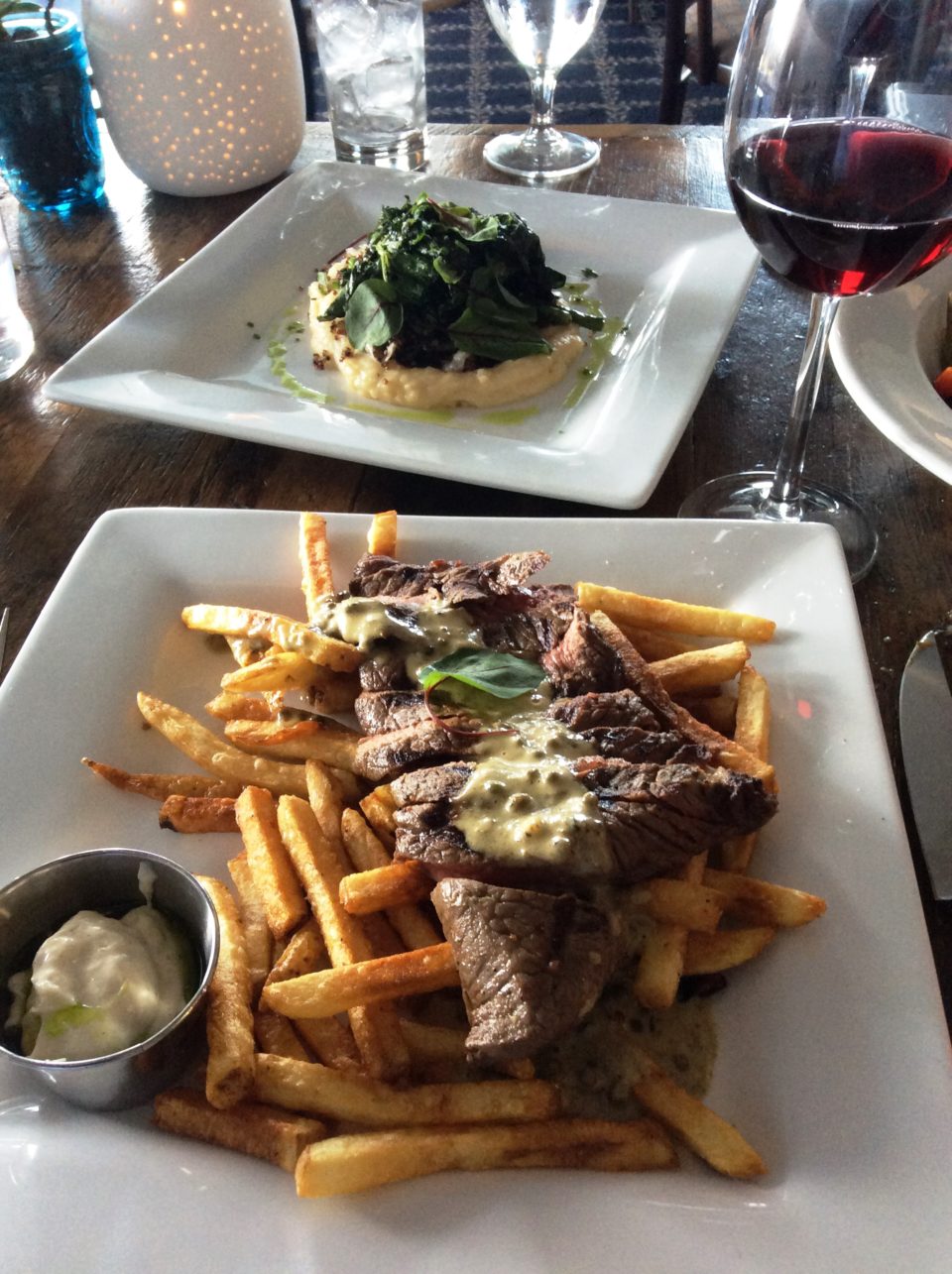 Emerson Inn by the Sea : perfectly cooked Steak Frites with accompanying vegetable medley at Pigeon Cove Tavern restaurant