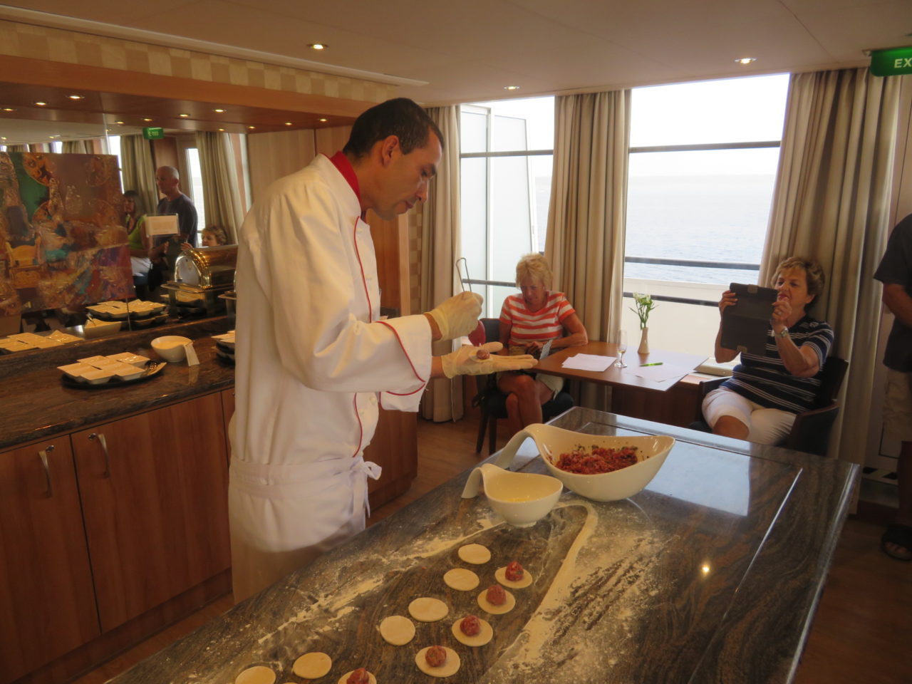 Russian Pelmeni cooking lesson by Executive Chef Danilo aboard the Viking Akun river cruise ship while cruising the Volga River
