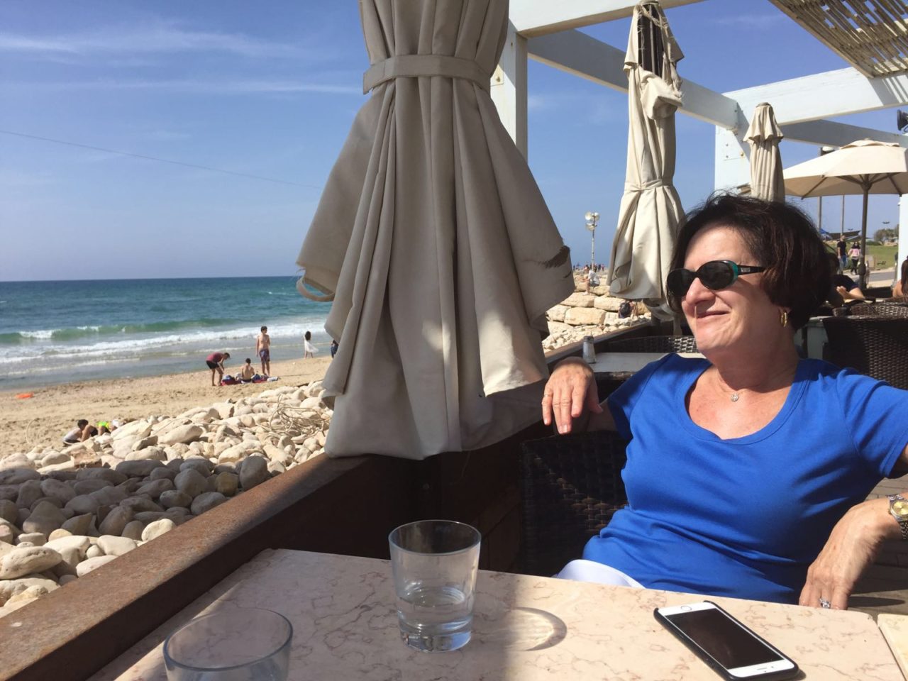 Vacationing in Israel ... Enjoying the view at Manta Ray Restaurant on the Tel Aviv Beach
