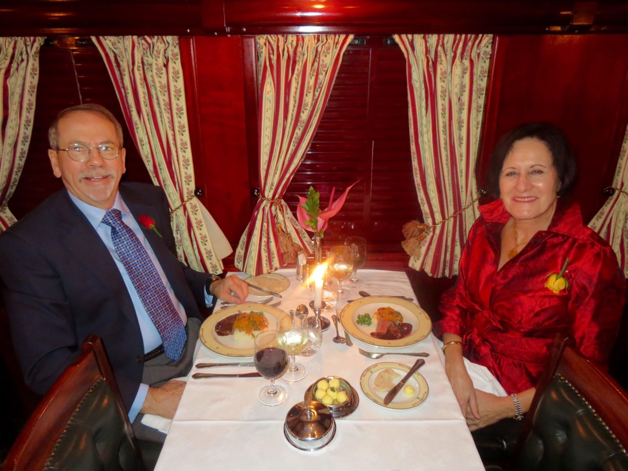 Denis and Lynn enjoying fine dining aboard<strong> Rovos <em>Rail</em></strong>
