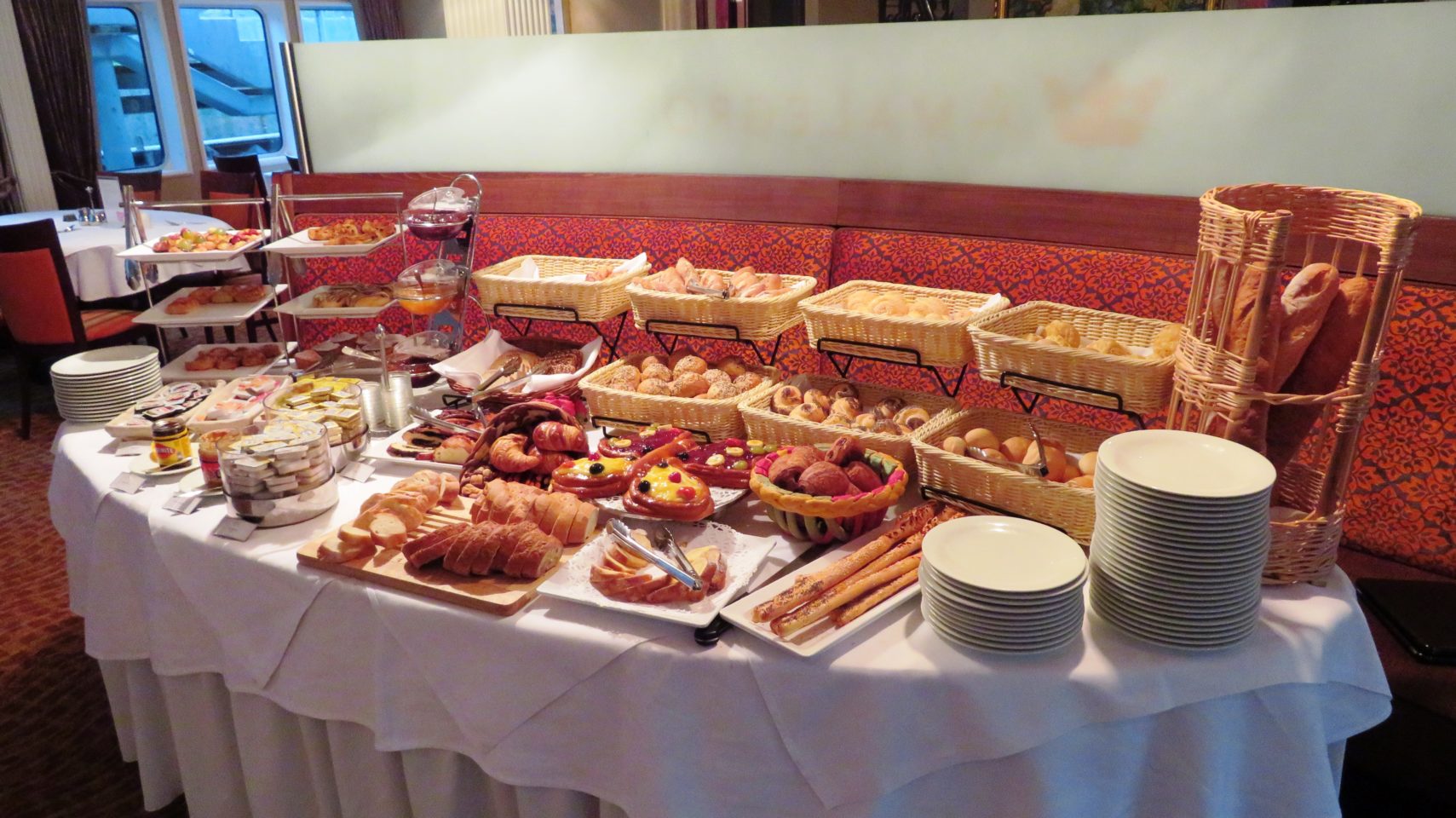 The Bread Table section of the breakfast buffet aboard the AMALegro (Paris and Normandie AMAWaterways Cruise)