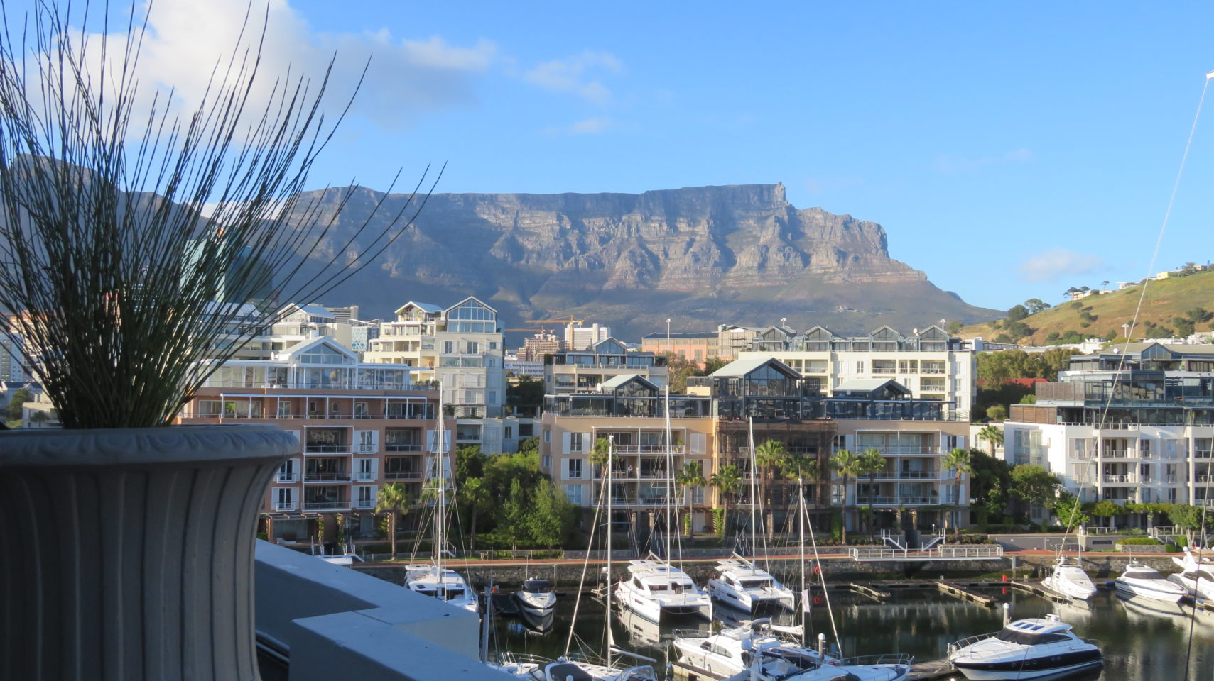 View of Table Mountain from our guestroom balcony at the Cape Grace Hotel 