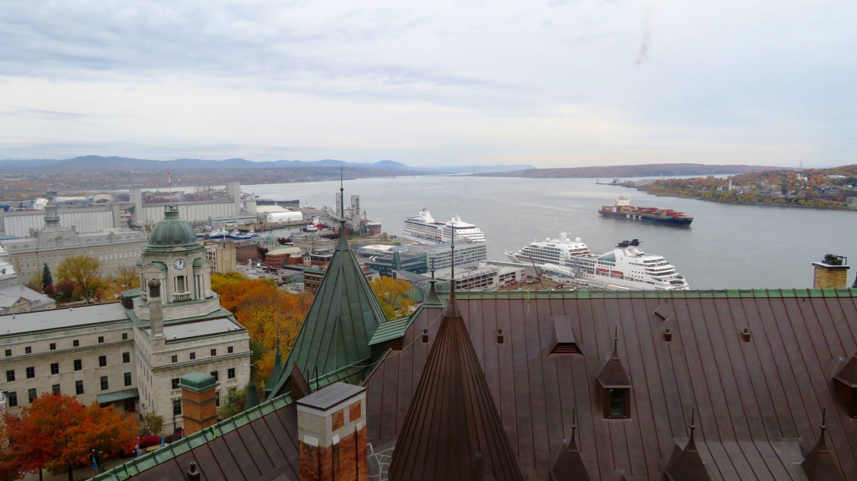 View of Quebec City, Levis and Ile d'Orleans from our guestroom at the Fairmont Le Chateau Frontenac