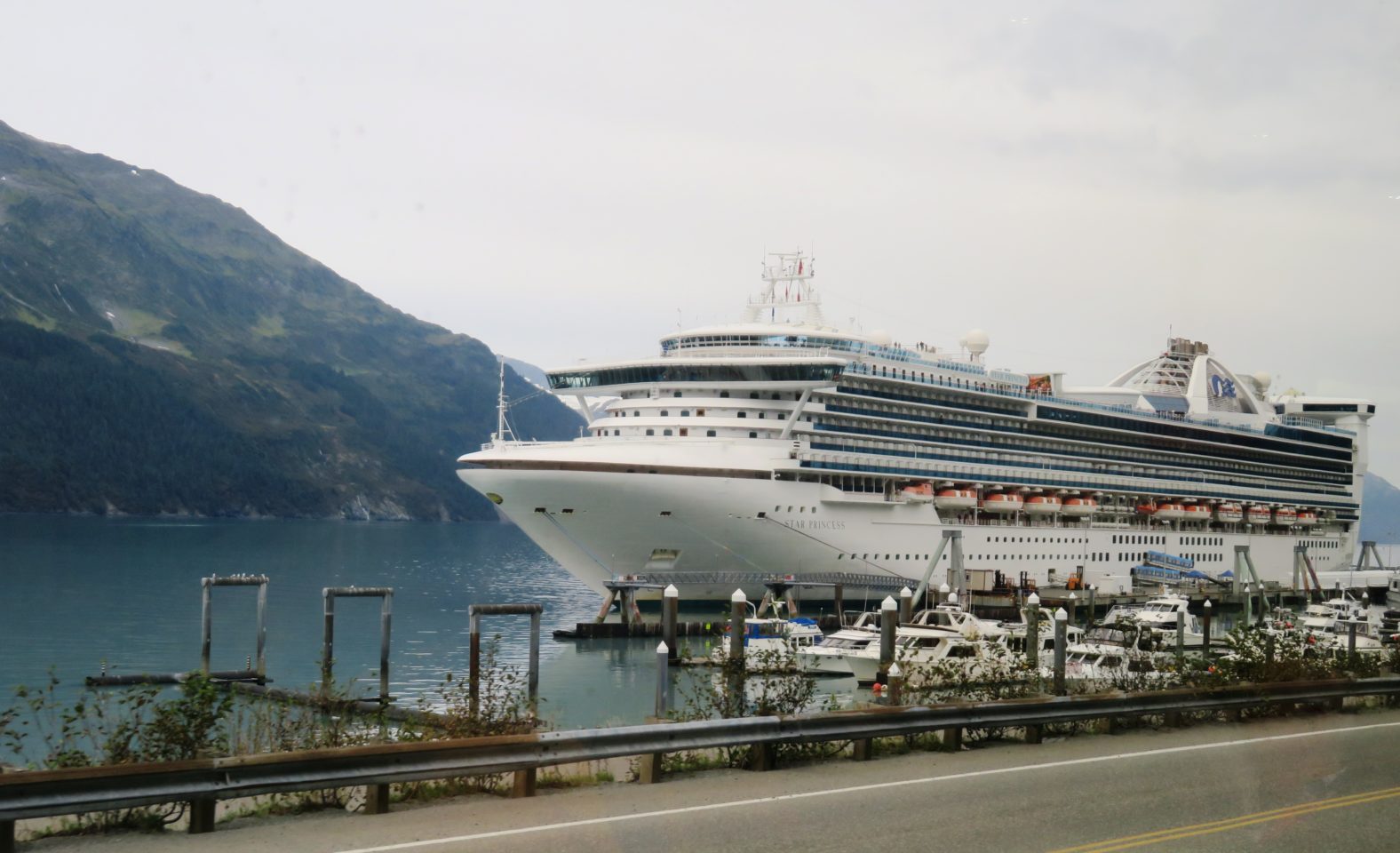 Princess Cruises ship Star Princess waiting at end of Princess Rail rail line ~ Alaska Cruise Tour