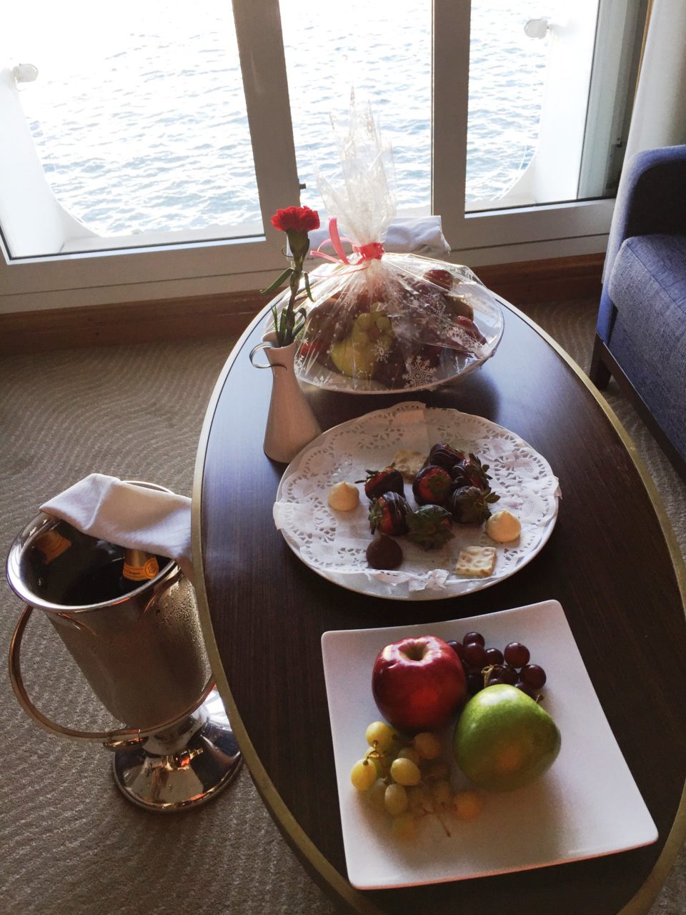 Windstar Cruises ~ Brut Champagne from Maison Veuve Cliquot and dark chocolate-covered strawberries ... my kind of welcome