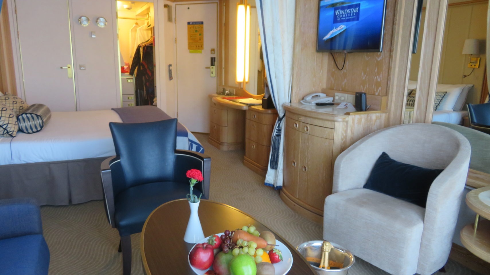 Windstar Cruises ~ our ideal cabin, from fresh fruit to the perfect dressing table with both American and European outlets
