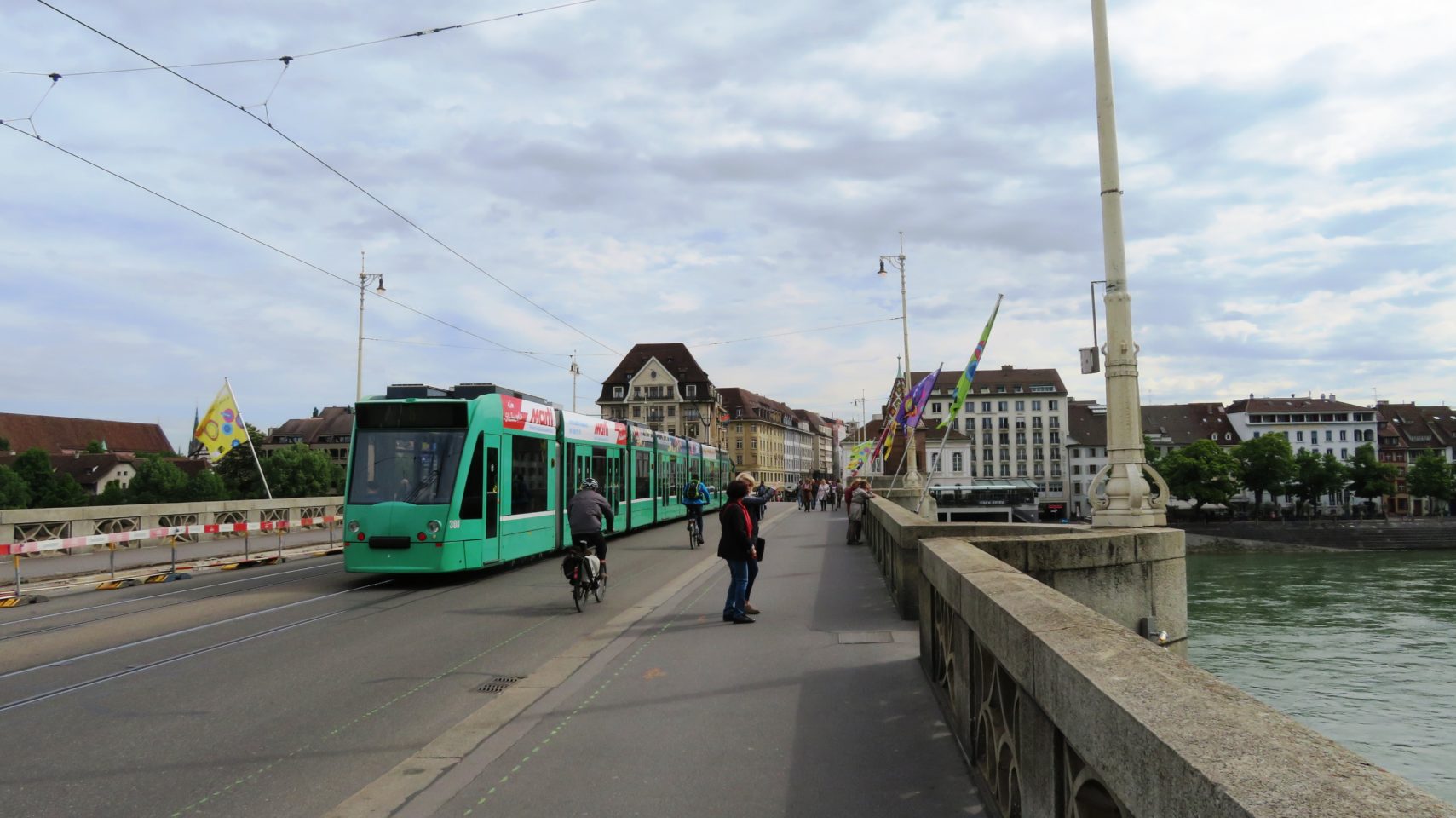 Tram on the Mittlere Brucke in Basel, Switzerland