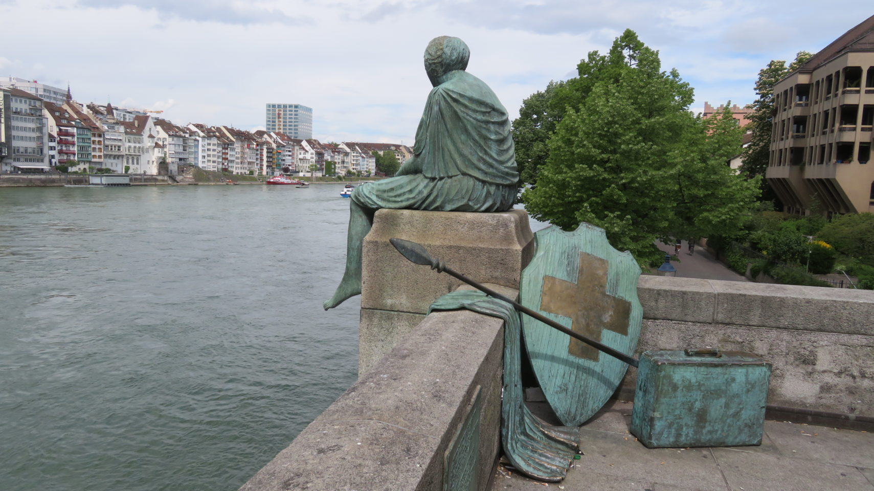 Helvetia on the Journey by Bettina Eichin on the terrace of the Mittlere Brucke in Basel Switzerland