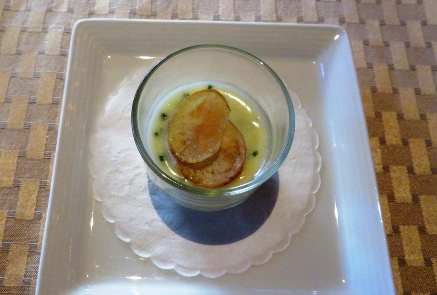 potato custard with chives to embolden the dish and home-made potato chips