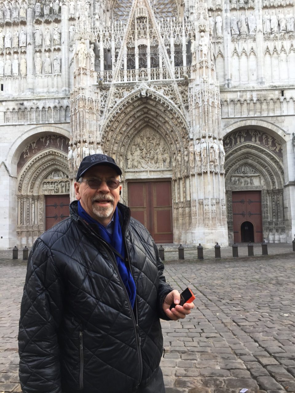 At Rouen Cathedral with my Skyroam global hotspot during our Spectacular Paris and Normandie AmaWaterways Cruise 