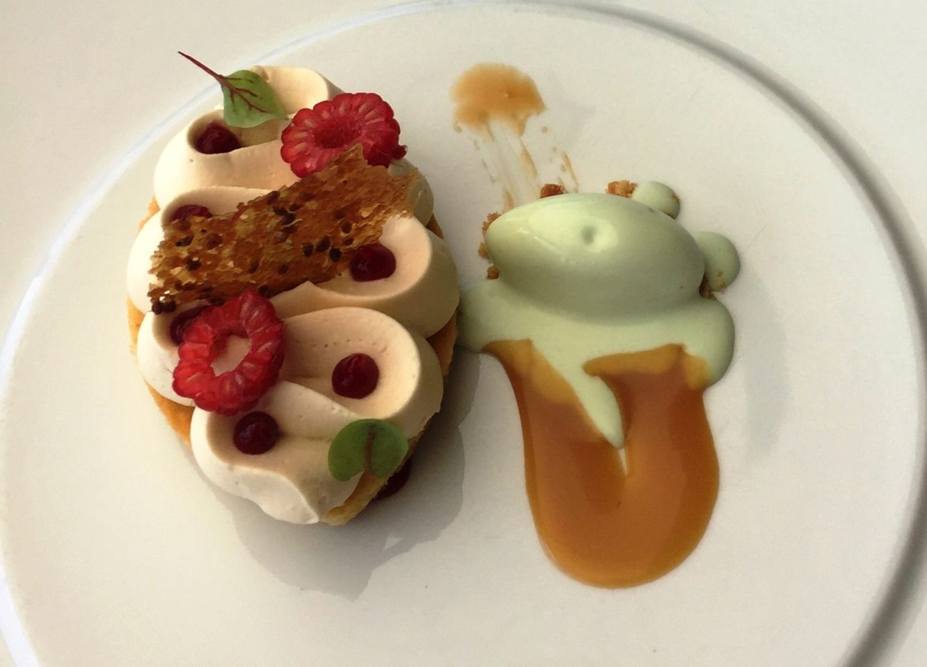 A dessert at Chateau Eza in Eze near Nice ~ Sable Breton aux Saveurs de Provence ~ Chocolat dulcey, confit framboises et gingembre, caramel au thym, creme glacee fenouil ~ When in Nice, we live to eat !