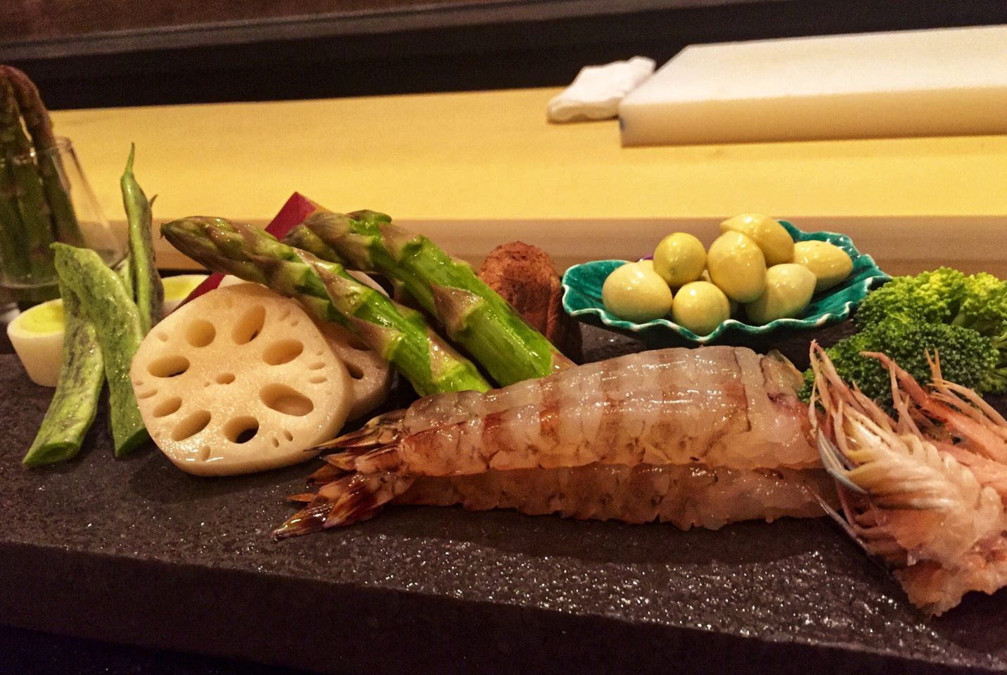 Japan Culinary Experiences ~ Presentation of the fresh ingredients to be dipped in the airy batter and deep fried in a light and fragrant oil for our Tempura dinner at the Hanagatami Restaurant in Osaka